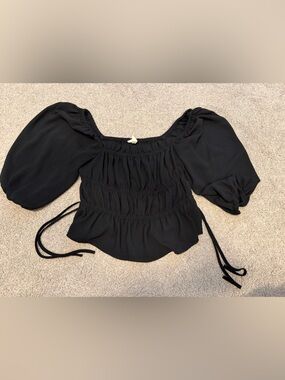 Black Smocked Puff Sleeve Women’s Blouse